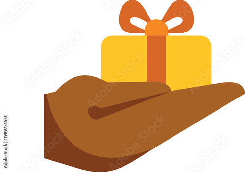 Hand holding and offering a wrapped yellow gift box with a ribbon