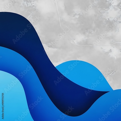 Layered flowing shapes in shades of blue contrast with a textured gray background