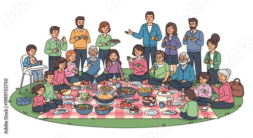 Diverse group of people having a picnic in the park together