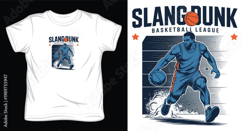 Slang dunk basketball league player dribbling court.