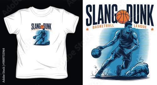 Slang dunk basketball league player dribbling court.