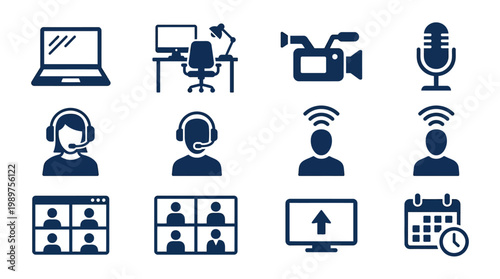 Online Communication and Technology Icons: Remote Work, Video Calls, Streaming, and Planning