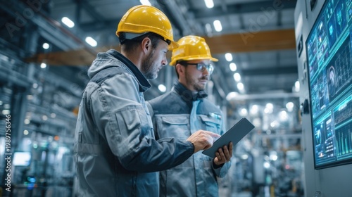 Two industrial engineers in safety helmets use a tablet to monitor digital dashboards on a factory floor, analyzing data and optimizing modern smart manufacturing processes.generative ai