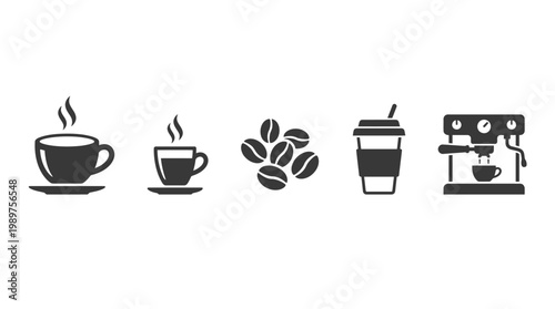 Coffee Icons: Cup, Beans, To-Go Cup, Espresso Machine
