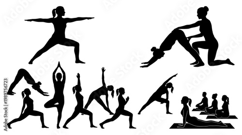 Silhouette of people doing yoga poses.