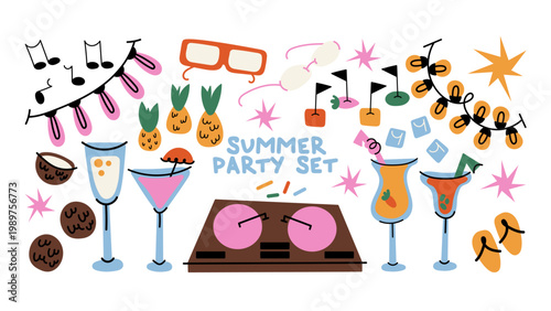 Summer party sticker set with cocktails, music and fun elements in retro cartoon style for planners, scrapbooking and event design