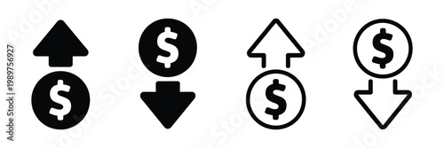 Dollar increase and decrease vector icons showing rising and falling currency trends