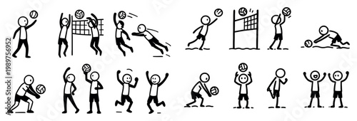 Sports icons with volleyball net player stickfigure line