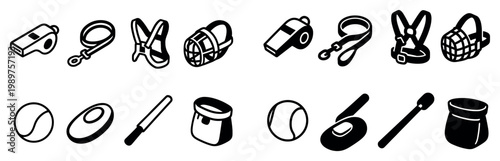 Pet care icons with whistle leash harness flat