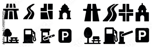 Transport icons with road arch pump flat bold