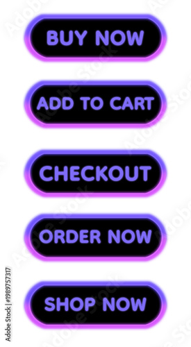 Deep Purple and Light Purple Neon Glow 3D E-commerce Call to Action Button Set with Black Background, Glossy Rounded Interface Elements for Buy Now Add to Cart Checkout Order Now Shop Now Controls