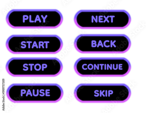 Dark and Light Purple Neon Glow 3D Media Control UI Button Set with Black Background, Bold Glossy Rounded Interface Elements for Play Next Start Back Stop Continue Pause Skip Controls