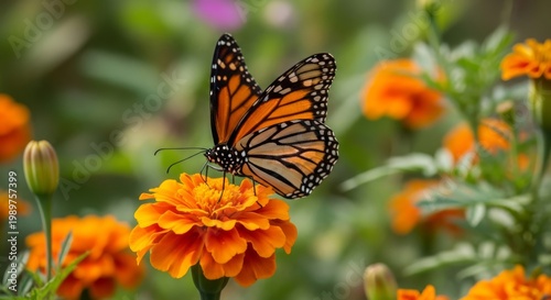 Monarch butterfly resting on an orange marigold flower