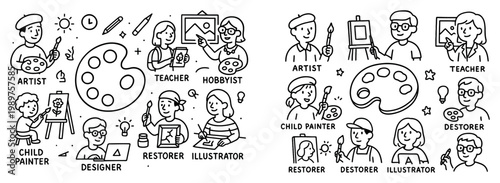 Art icons with palette easel brush outline