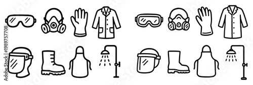 Safety icons with goggles glove coat outline