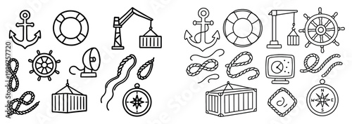 Nautical icons with anchor lifebuoy compass outline