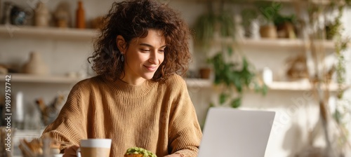 Remote consultant enjoying avocado toast while reviewing notes on generic laptop in home office