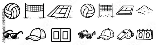 Beach sport icons with volleyball net whistle outline