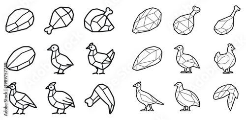 Poultry icons with drumstick and bird outline