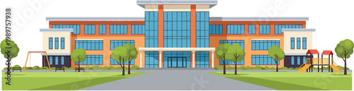 Modern Elementary School Building with Playground Flat Vector Design