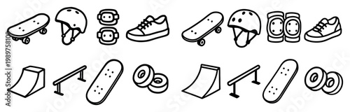 Skate icons with skateboard helmet pads minimal