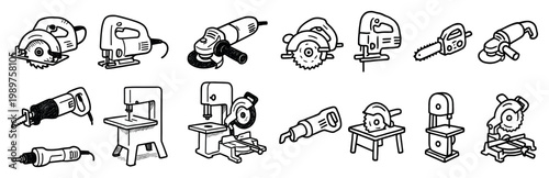 Workshop tools icons with saw drill grinder outline