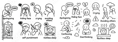 Mental health icons with apologizing crying hiding outline