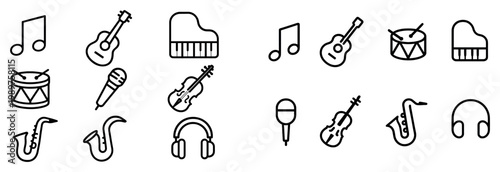 Music icons with guitar piano microphone outline