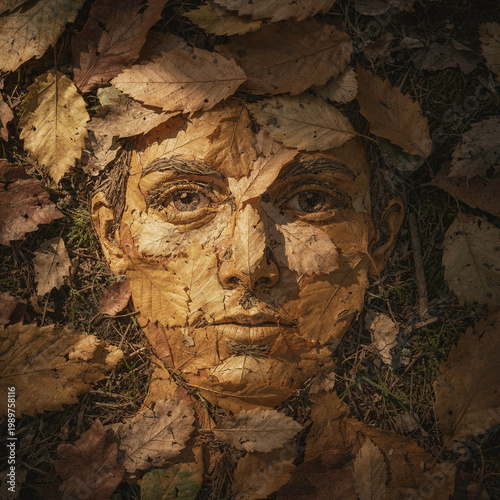 Silhouette of Man Face on Pile of Leaves with Nature Concept