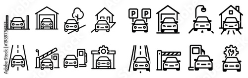 Parking icons with car garage barrier outline