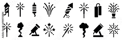 Celebration icons with rockets sparklers fireworks bold