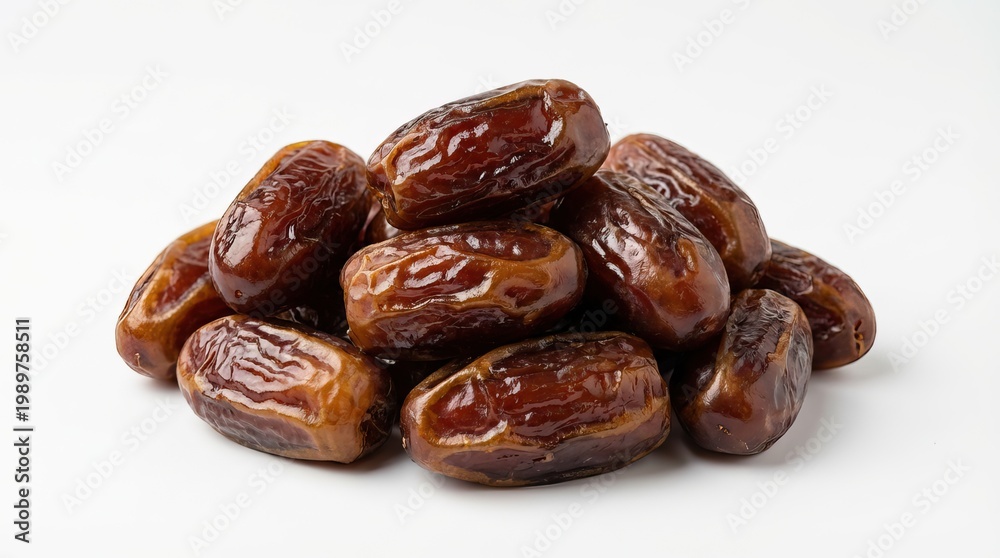 Obraz premium Fresh dried dates pile, glossy brown date fruits close-up, healthy natural snack ingredient for cooking and baking isolated PNG with Transparent Background