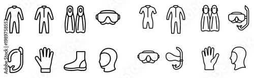 Sports icons with wetsuit fin mask outline