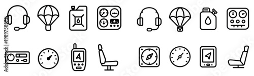 Aviation icons with headset parachute fuel can outline
