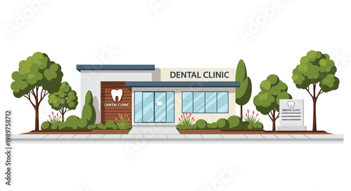 Modern Dental Clinic Building Exterior with Garden Flat Vector Illustration