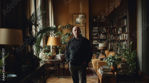 full-body portrait of a man standing naturally in his living room, relaxed posture, looking towards the camera with a soft and genuine expression

