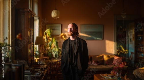 full-body portrait of a man standing naturally in his living room, relaxed posture, looking towards the camera with a soft and genuine expression
