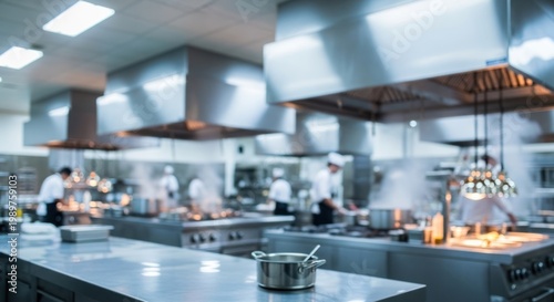 Busy Professional Commercial Kitchen with Chefs and Modern Equipment