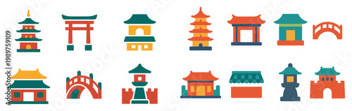 Asia icons with pagoda torii bridge flat colorful