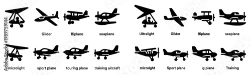 Aviation icons with glider biplane seaplane silhouette