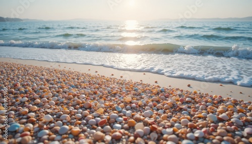 Close up view of a beach with small shells and pebbles in the foreground and gentle ocean waves with sunlight reflecting on the water in the background