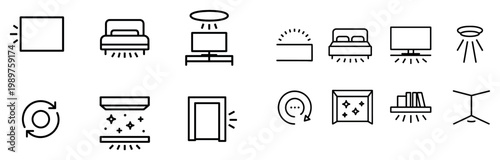 Interior icons with bed lamp ceiling light outline
