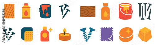 Woodwork icons with paint can nail sponge flat