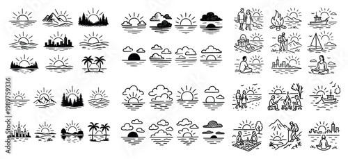 Hand-drawn sunset and outdoor scenes