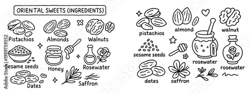 Food icons with pistachio almond saffron outline