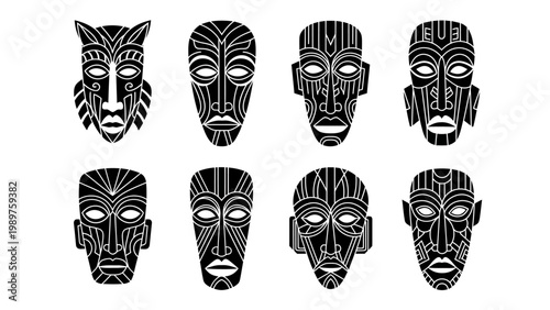 Collection of eight intricately designed black and white tribal masks with diverse patterns and