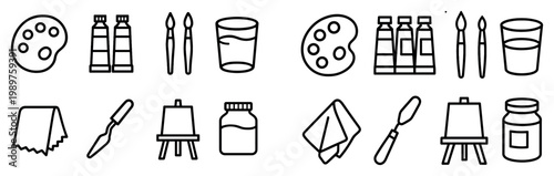 Art icons with palette brush easel outline