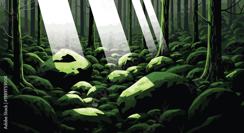 Pixel Art Forest Clearing With Sunbeams Illuminating Mossy Rocks