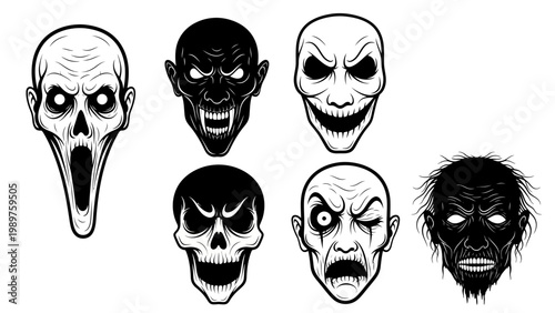 Collection of scary and spooky monster and skull illustrations for halloween themes