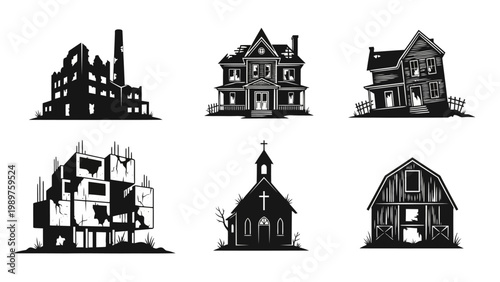 Collection of Silhouetted Abandoned and Haunted Buildings Collection